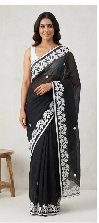 BLACK COTTON KOTA APPLICK SAREE - View 2