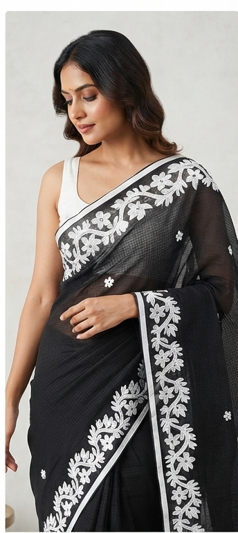 BLACK COTTON KOTA APPLICK SAREE - View 3