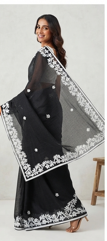 BLACK COTTON KOTA APPLICK SAREE - View 4