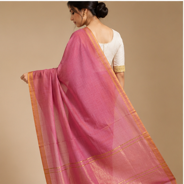 MANGALGIRI / NIZAM BORDER COTTON SAREE - Color:ONION PINK