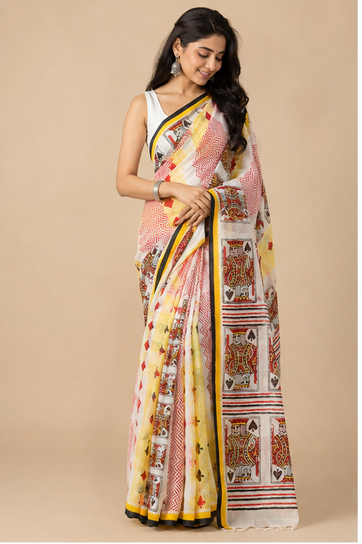TANGAIL SAREE WITH HAND BLOCK CARD PRINT - View 3