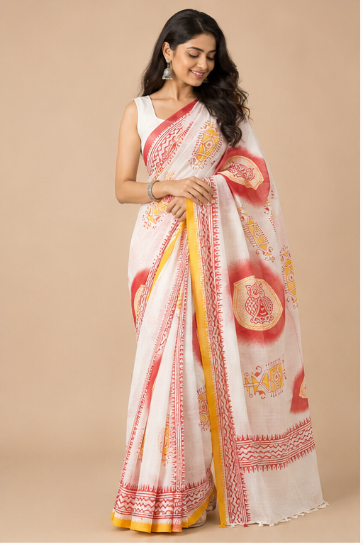 TANGAIL SAREE WITH HAND BLOCK OWL PRINT
