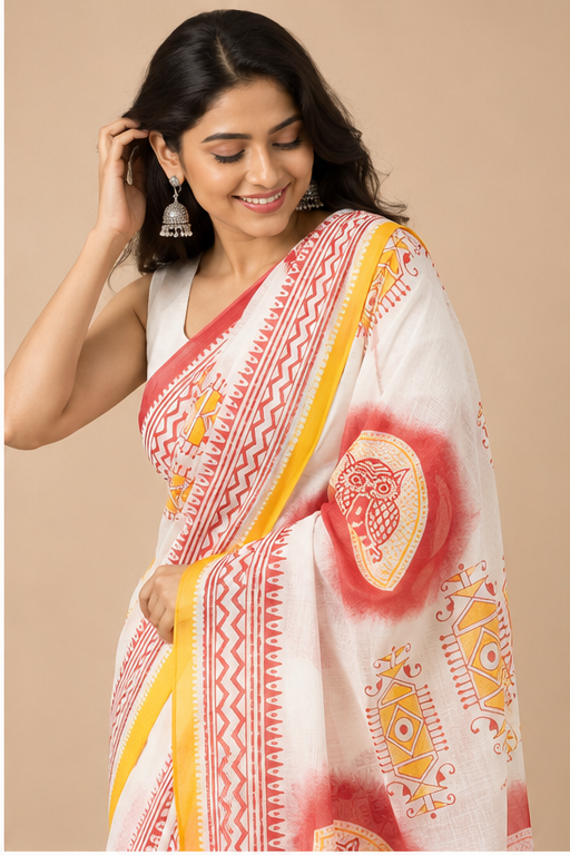 TANGAIL SAREE WITH HAND BLOCK OWL PRINT - View 2