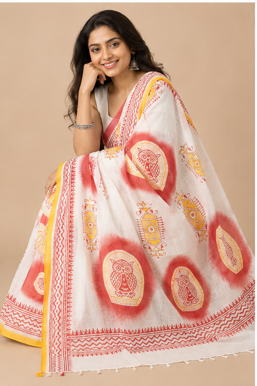 TANGAIL SAREE WITH HAND BLOCK OWL PRINT - View 3