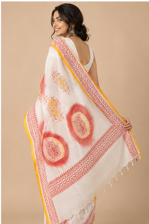 TANGAIL SAREE WITH HAND BLOCK OWL PRINT - View 4