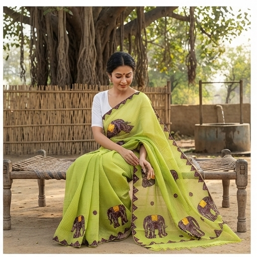 LIME GREEN COTTON KOTA WITH ELEPHANT APPLICK