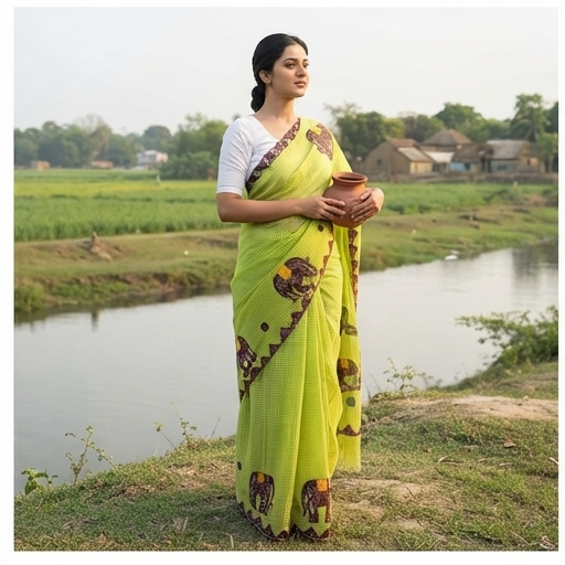 LIME GREEN COTTON KOTA WITH ELEPHANT APPLICK - View 2