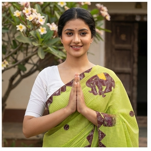 LIME GREEN COTTON KOTA WITH ELEPHANT APPLICK - View 3