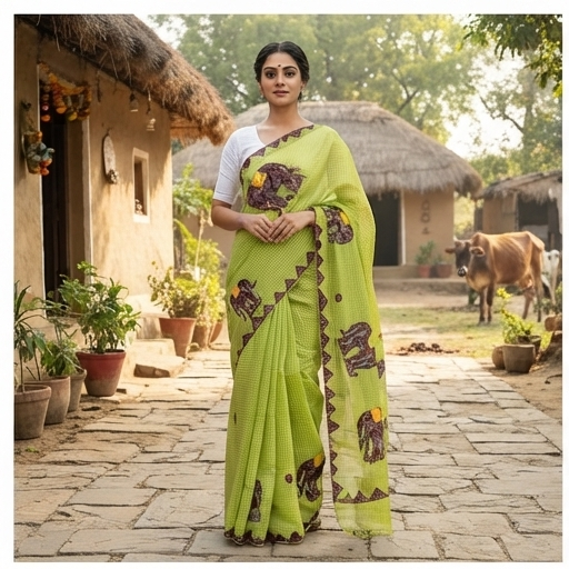 LIME GREEN COTTON KOTA WITH ELEPHANT APPLICK - View 4