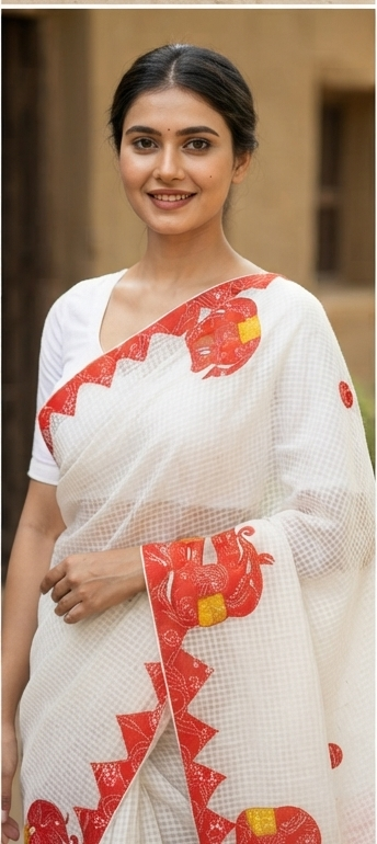 RED-WHITE COTTON KOTA WITH ELEPHANT APPLICK
