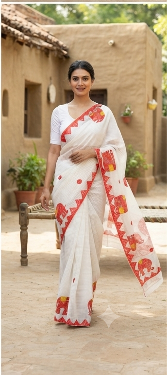 RED-WHITE COTTON KOTA WITH ELEPHANT APPLICK - View 2