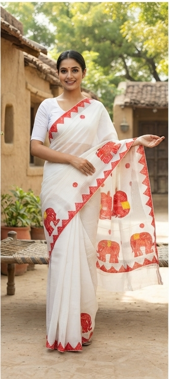RED-WHITE COTTON KOTA WITH ELEPHANT APPLICK - View 3