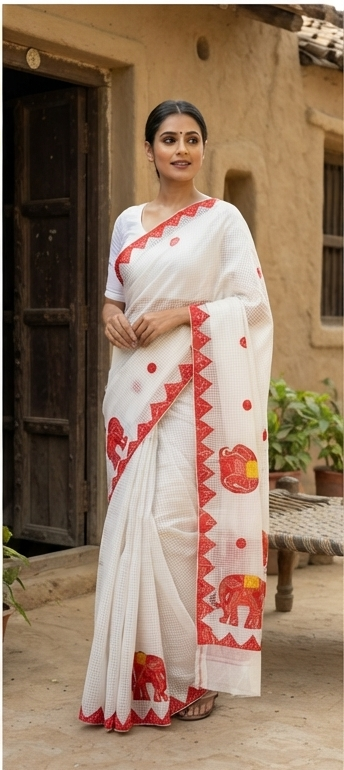 RED-WHITE COTTON KOTA WITH ELEPHANT APPLICK - View 4