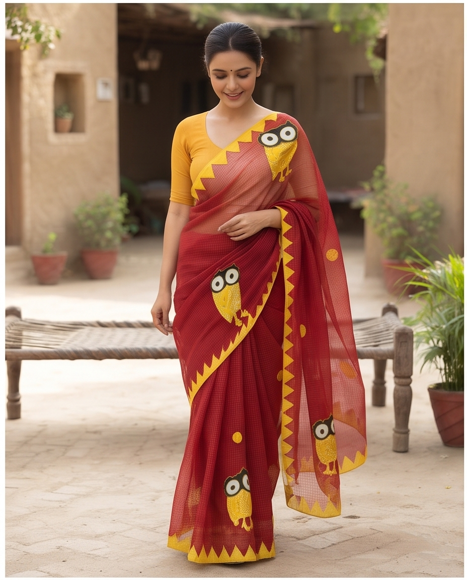 RED COTTON KOTA SAREE WITH OWL APPLICK