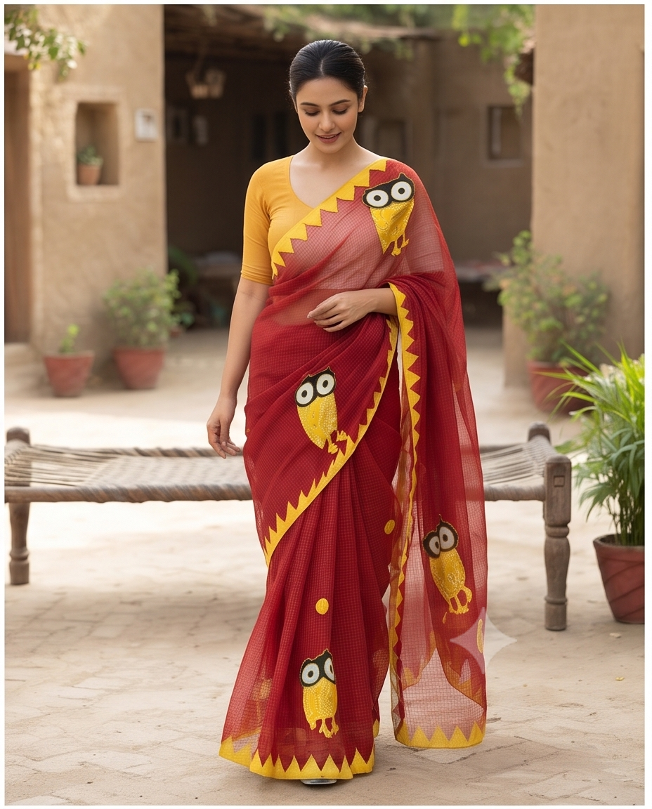 RED COTTON KOTA SAREE WITH OWL APPLICK - View 2