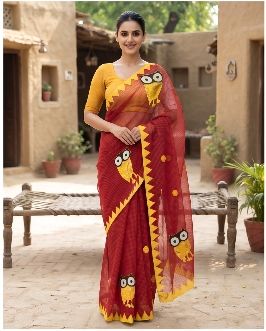 RED COTTON KOTA SAREE WITH OWL APPLICK - View 3
