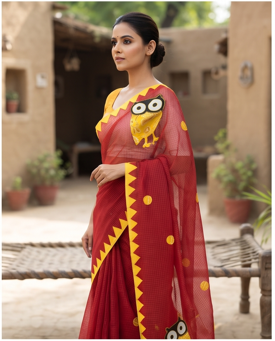 RED COTTON KOTA SAREE WITH OWL APPLICK - View 4