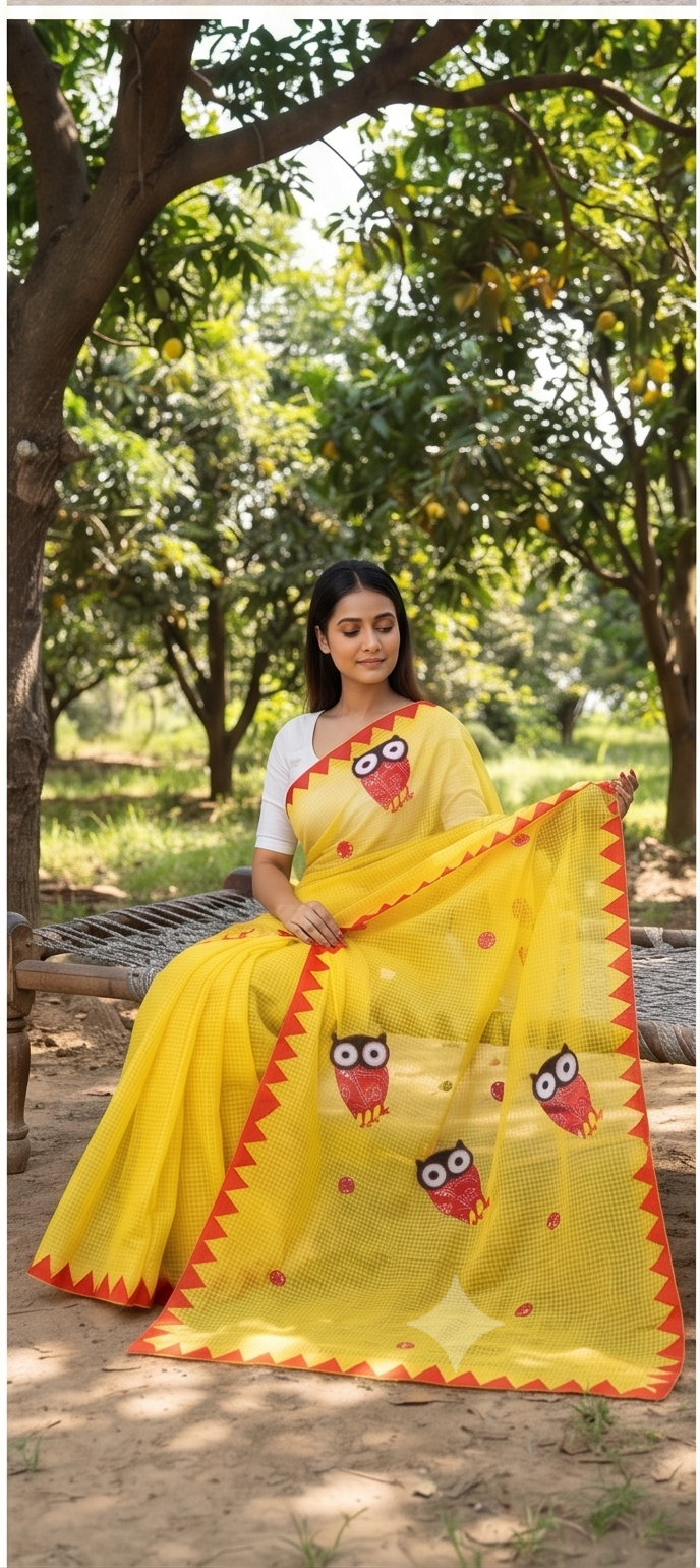 YELLOW COTTON KOTA SAREE WITH OWL APPLICK
