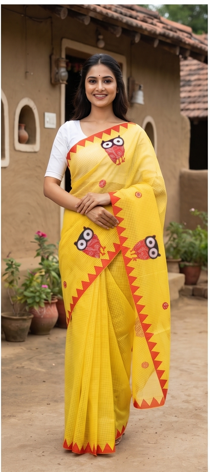 YELLOW COTTON KOTA SAREE WITH OWL APPLICK - View 2