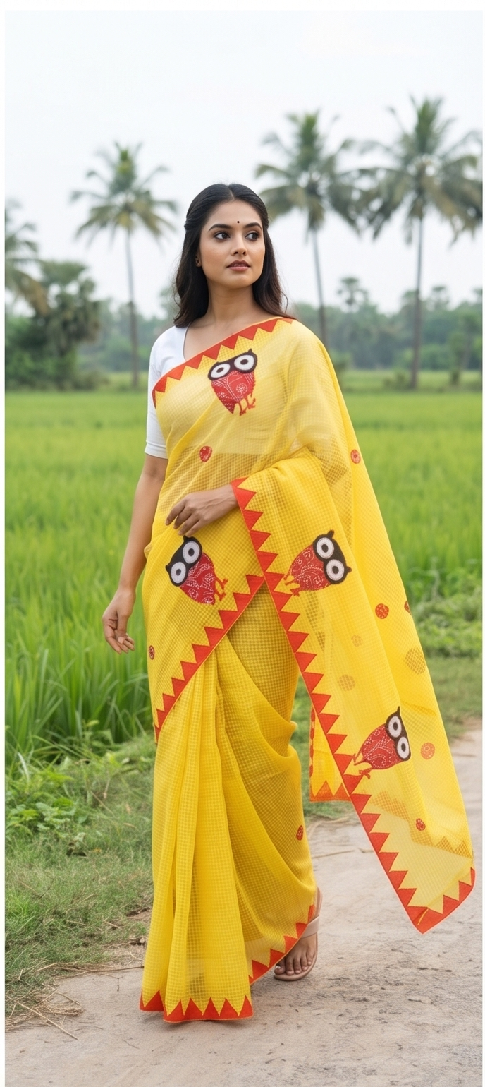 YELLOW COTTON KOTA SAREE WITH OWL APPLICK - View 3