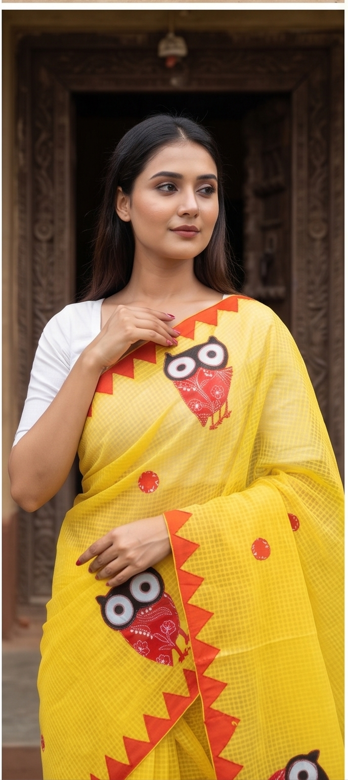 YELLOW COTTON KOTA SAREE WITH OWL APPLICK - View 4