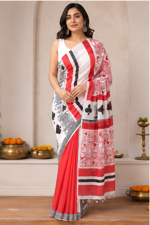 TEEN PATTI BLOCK PRINT SAREE WITH KING AND JACK