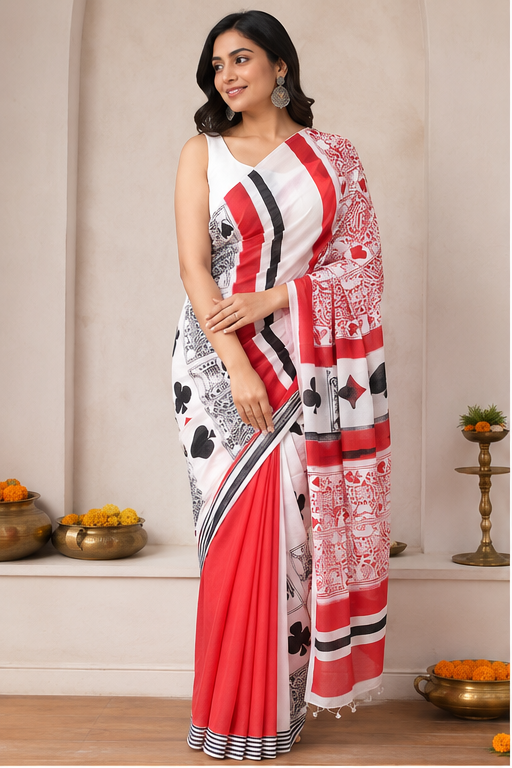 TEEN PATTI BLOCK PRINT SAREE WITH KING AND JACK - View 3