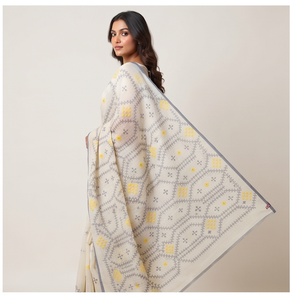 COTTON SAREE WITH KUCHH STITCH (HANDWOVEN) - Color:GREY