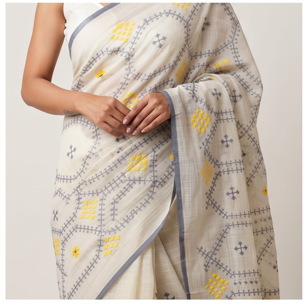 COTTON SAREE WITH KUCHH STITCH (HANDWOVEN) - View 6