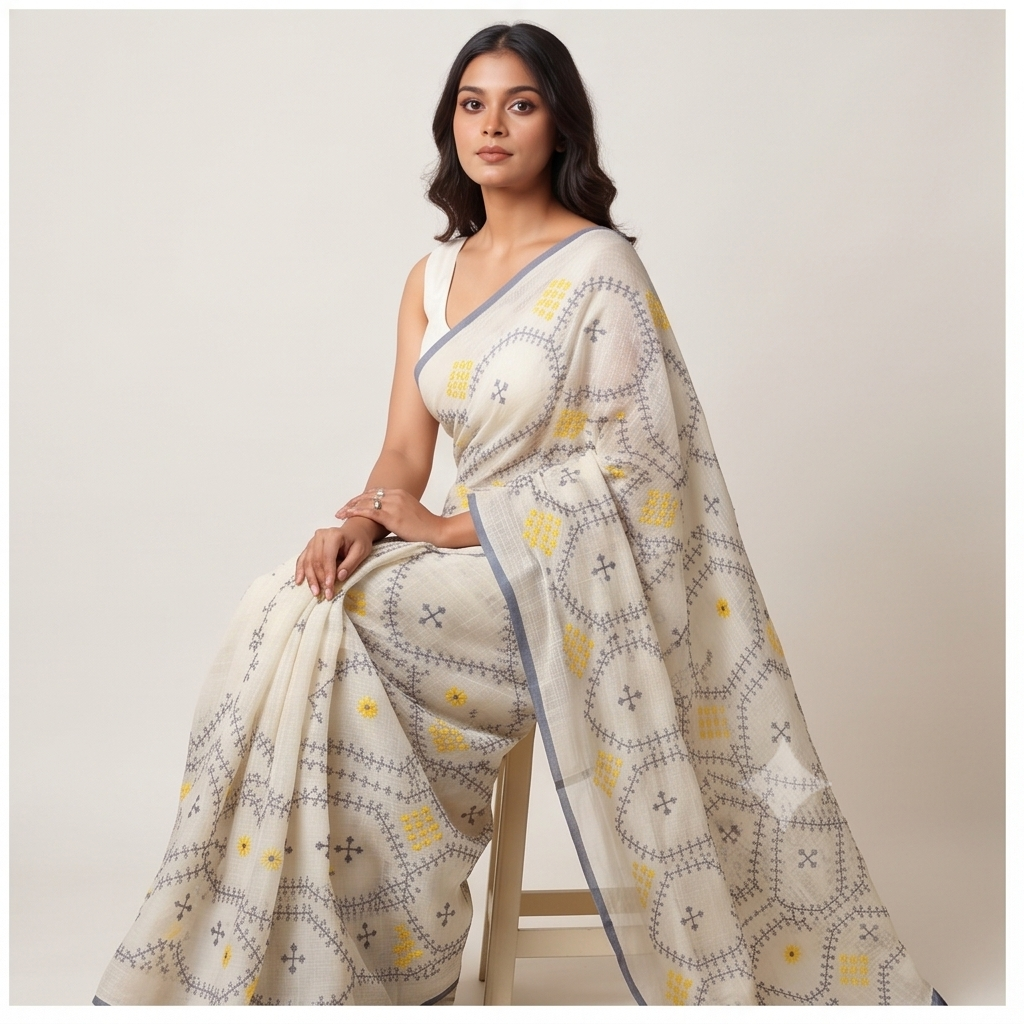 COTTON SAREE WITH KUCHH STITCH (HANDWOVEN) - View 7