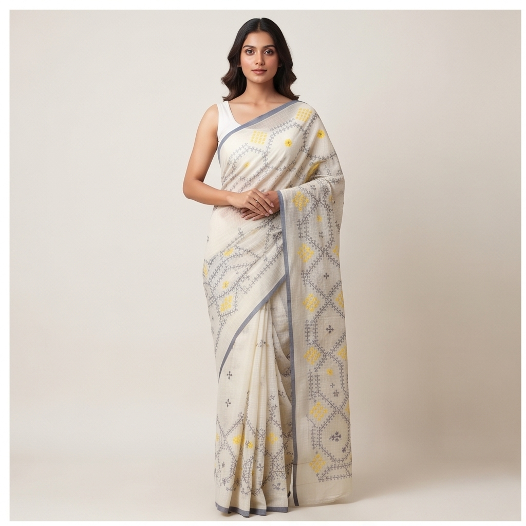 COTTON SAREE WITH KUCHH STITCH (HANDWOVEN) - View 8