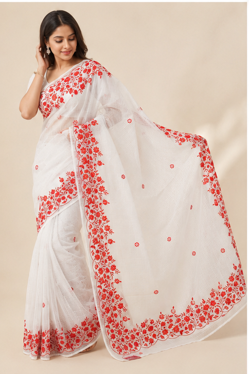 WHITE RSEHAM KOTA SAREE WITH RED PARSI EMBROIDERY WORK