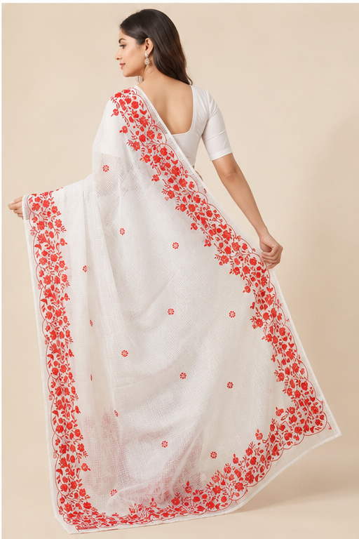 WHITE RSEHAM KOTA SAREE WITH RED PARSI EMBROIDERY WORK - View 2