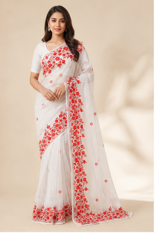 WHITE RSEHAM KOTA SAREE WITH RED PARSI EMBROIDERY WORK - View 3