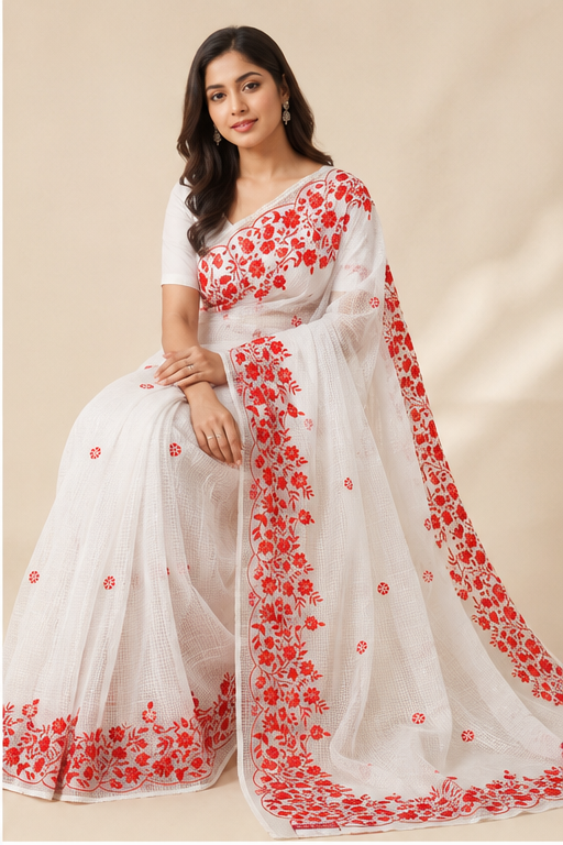 WHITE RSEHAM KOTA SAREE WITH RED PARSI EMBROIDERY WORK - View 4