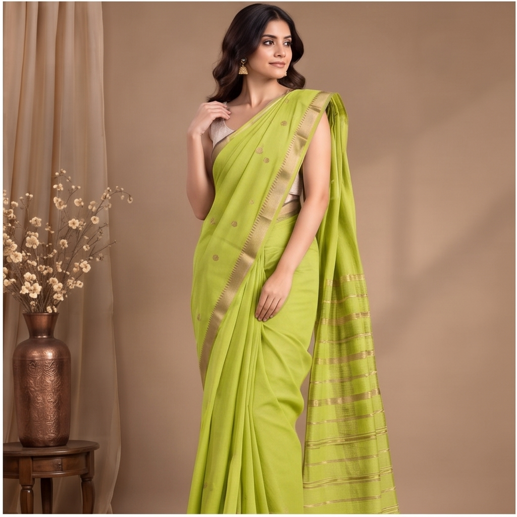 MANGALGIRI NIZAM ZARI BORDER ZARI BUTTA COTTON SAREE - Color:PARROT GREEN