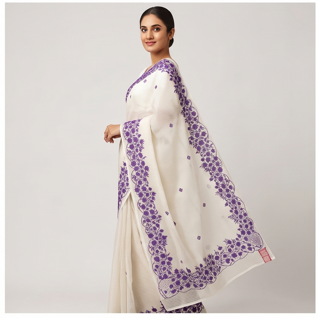WHITE RSEHAM KOTA SAREE WITH VIOLET PARSI EMBROIDERY WORK