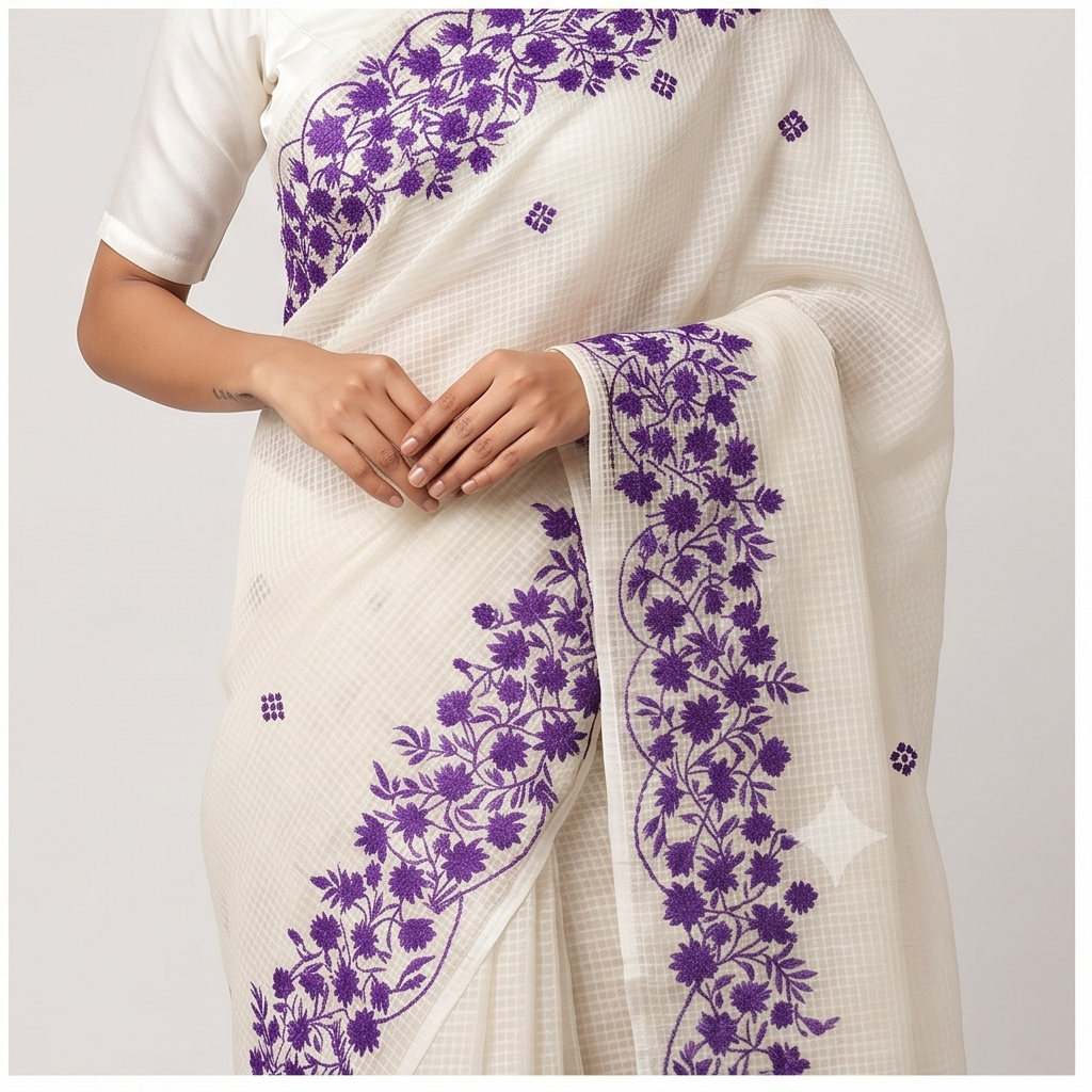 WHITE RSEHAM KOTA SAREE WITH VIOLET PARSI EMBROIDERY WORK - View 2
