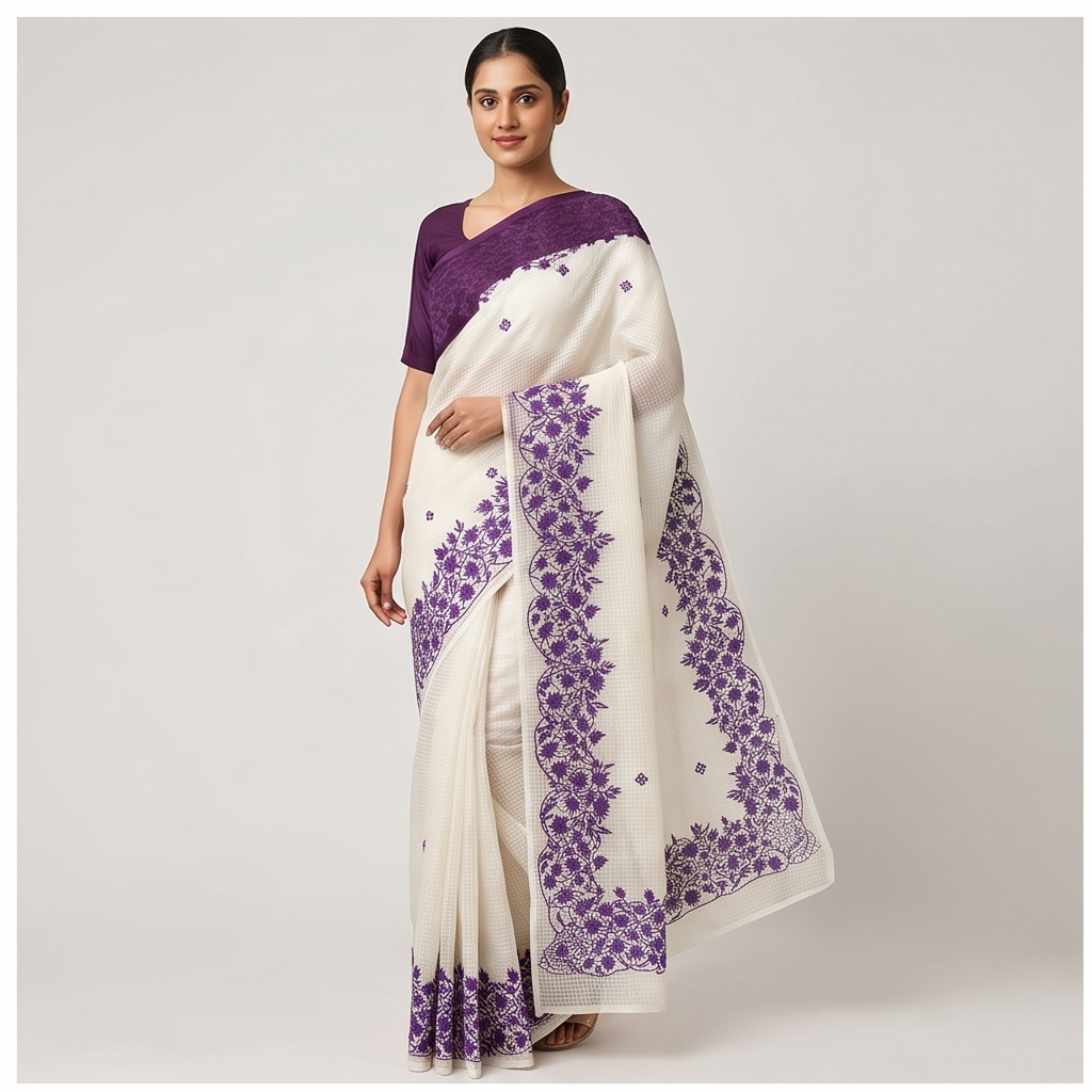 WHITE RSEHAM KOTA SAREE WITH VIOLET PARSI EMBROIDERY WORK - View 3