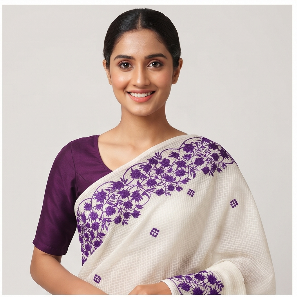 WHITE RSEHAM KOTA SAREE WITH VIOLET PARSI EMBROIDERY WORK - View 4