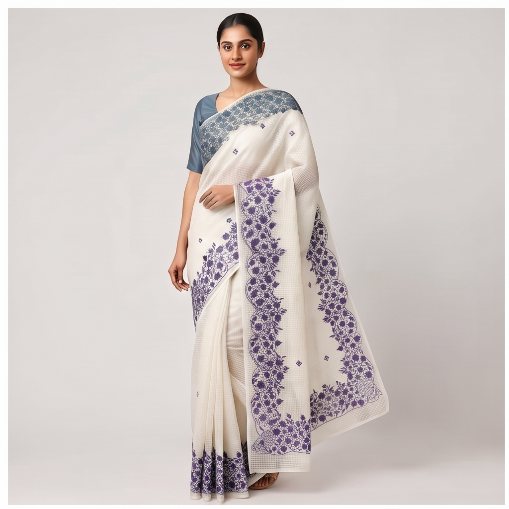 WHITE RSEHAM KOTA SAREE WITH GREY PARSI EMBROIDERY WORK
