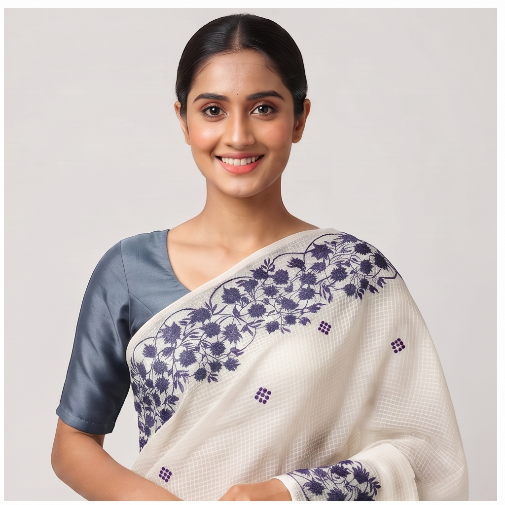 WHITE RSEHAM KOTA SAREE WITH GREY PARSI EMBROIDERY WORK - View 2