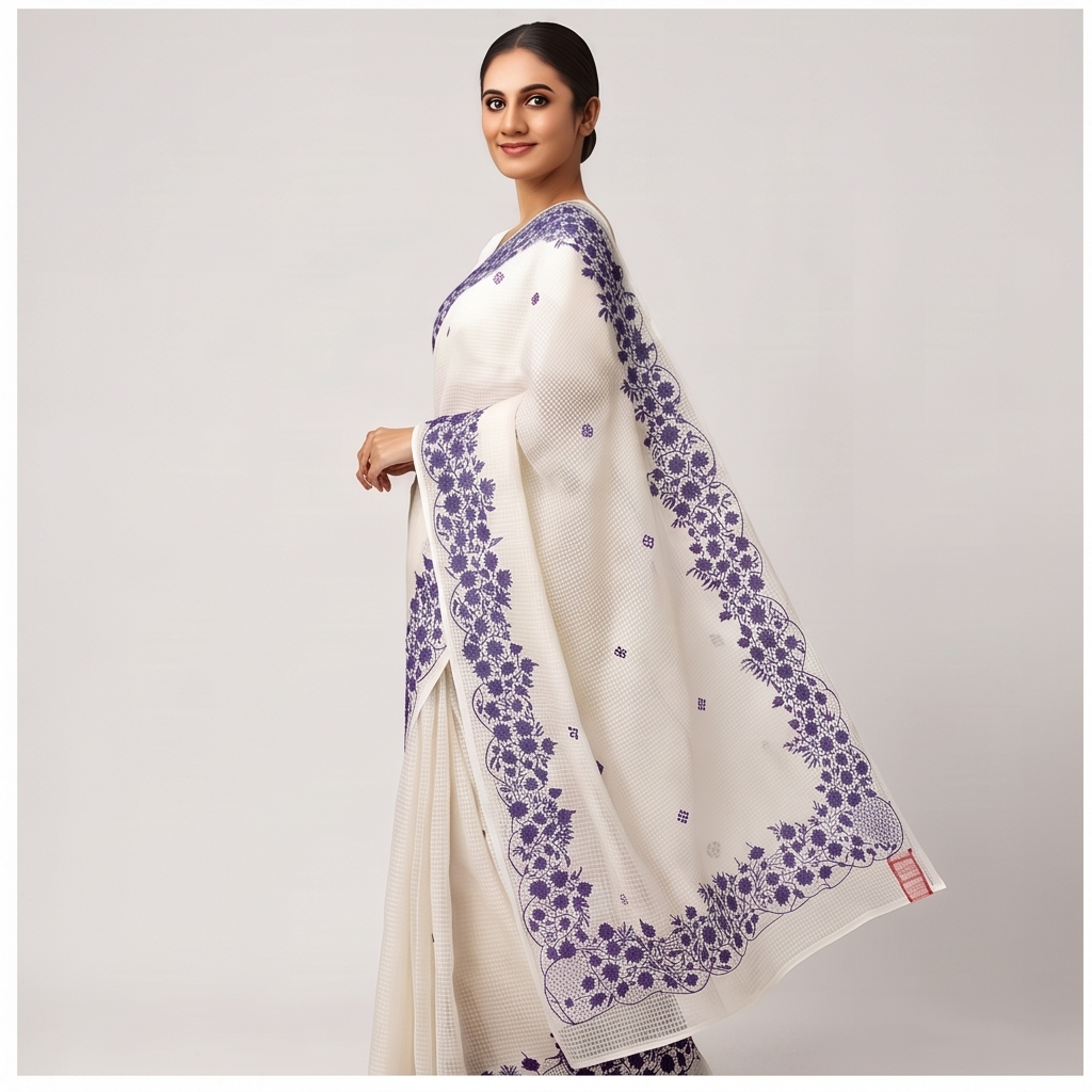 WHITE RSEHAM KOTA SAREE WITH GREY PARSI EMBROIDERY WORK - View 4