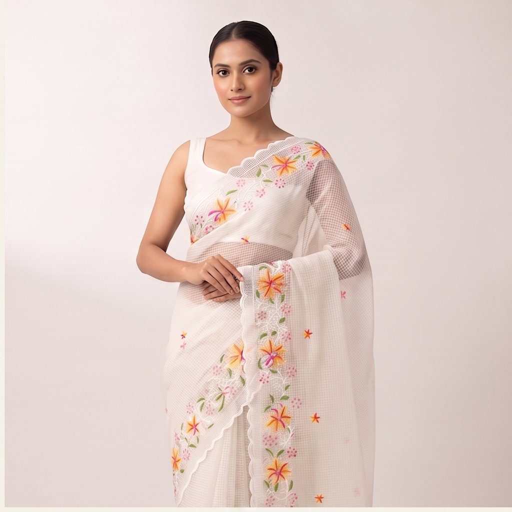 PINK YELLOW FLOWER EMBROIDERY ON RESHAM KOTA - View 2