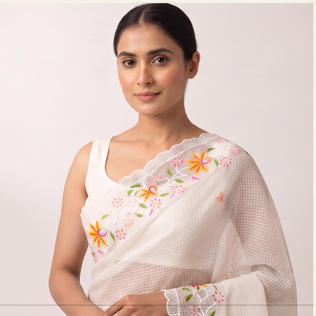 PINK YELLOW FLOWER EMBROIDERY ON RESHAM KOTA - View 3