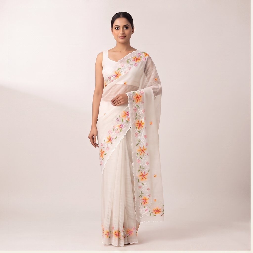 PINK YELLOW FLOWER EMBROIDERY ON RESHAM KOTA - View 4