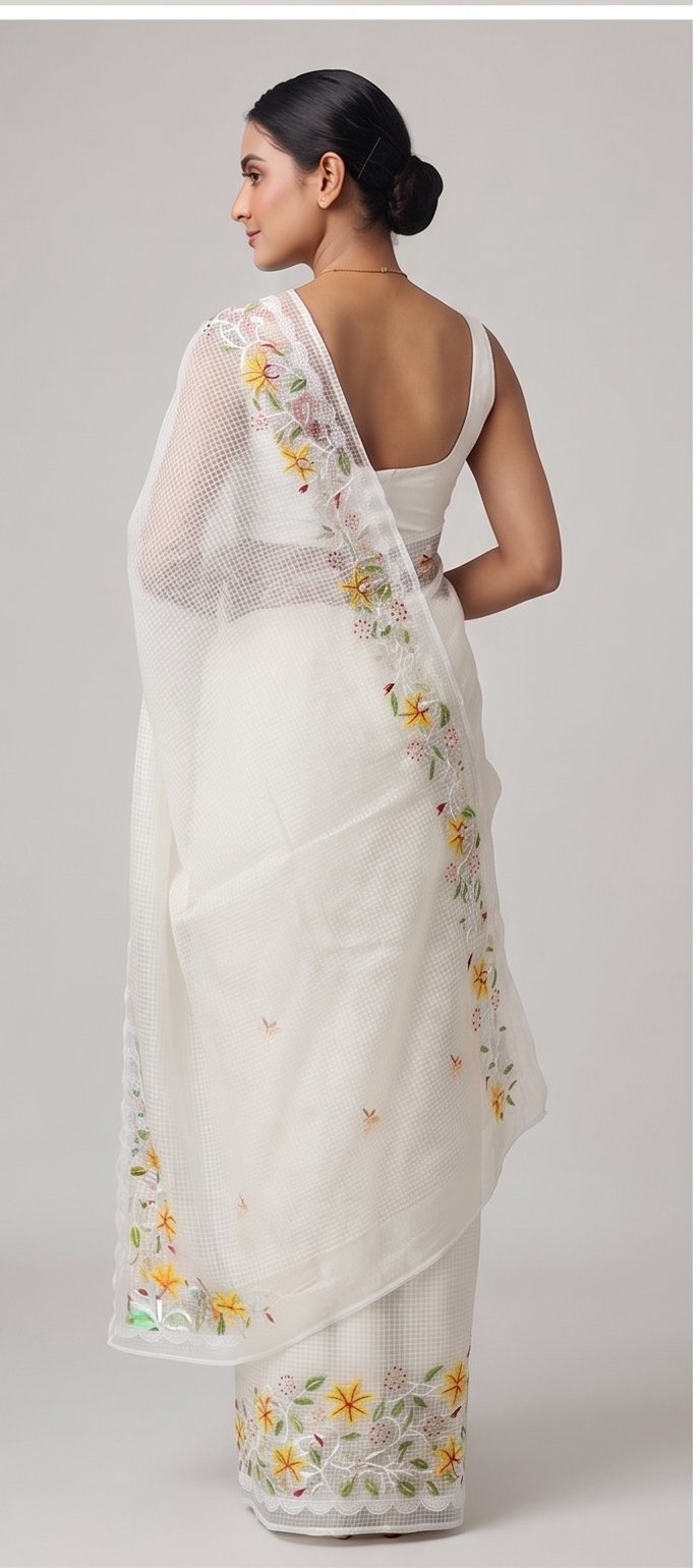 RED YELLOW FLOWER EMBROIDERY ON RESHAM KOTA - View 2