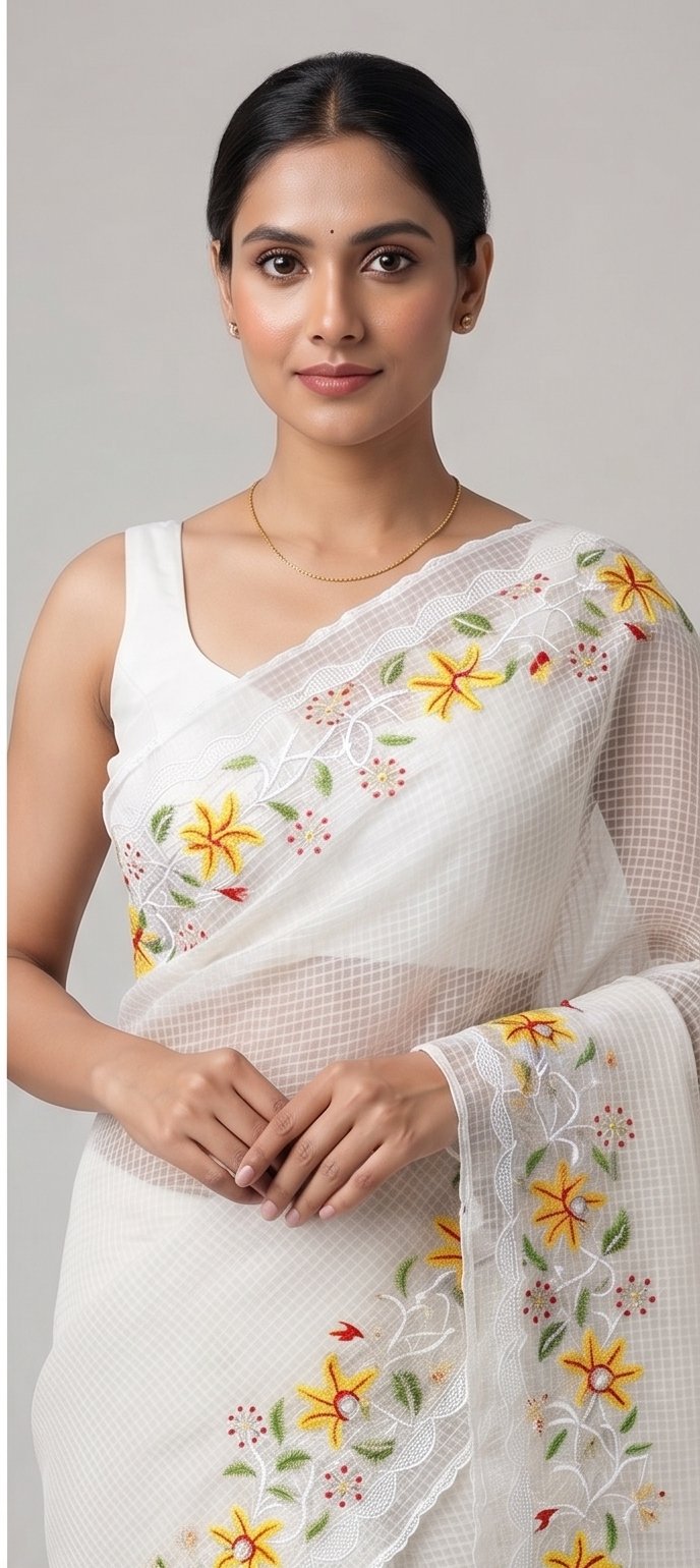 RED YELLOW FLOWER EMBROIDERY ON RESHAM KOTA - View 4