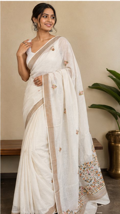 SEMI TUSSAR SAREE WITH HAND EMBROIDERY