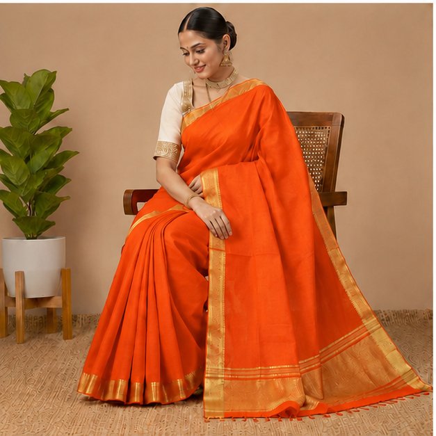 MANGALGIRI / NIZAM BORDER COTTON SAREE - Color:Orange